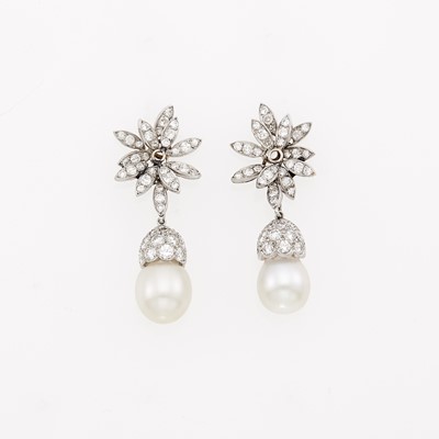 Lot 1067 - Pair of Platinum, White Gold, Cultured Pearl and Diamond Earring Jackets, France, and Pendants