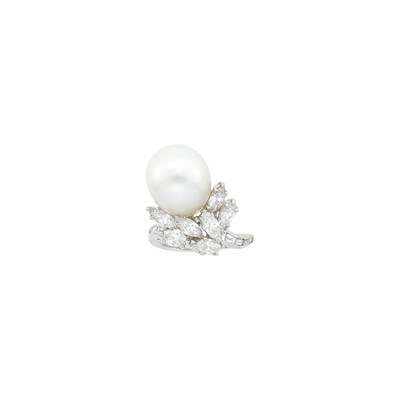 Lot 1120 - Platinum, Cultured Pearl and Diamond Ring