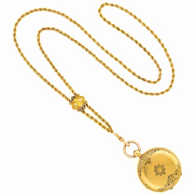 Lot 1158 - Gold and Black Enamel Hunting Case Pocket Watch with Rope-Twist Chain Necklace