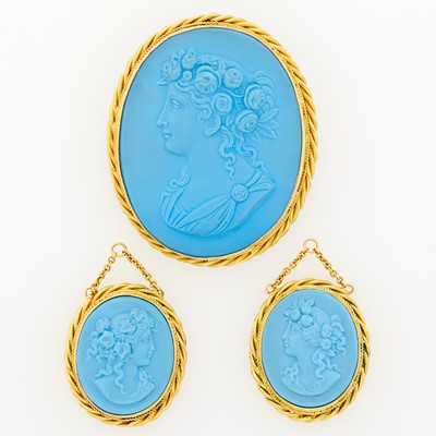 Lot 1137 - Gold and Blue Porcelain Cameo Brooch and Two Pendants