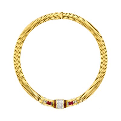 Lot 83 - Two-Color Gold, Ruby and Diamond Snake Link Necklace