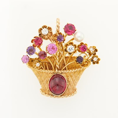Lot 1115 - Gold, Diamond, Synthetic and Gem-Set Flower Basket Pendant-Brooch
