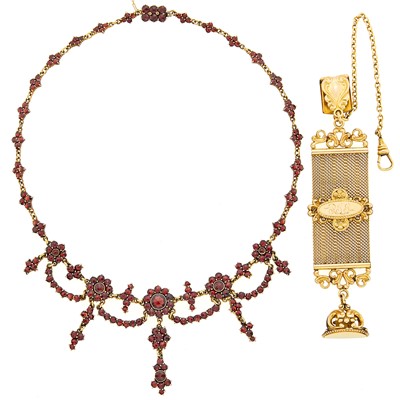 Lot 1155 - Antique Silver-Gilt and Garnet Necklace and Gold-Filled Watch Fob