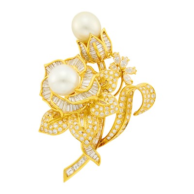 Lot 29 - Gold, South Sea Cultured Pearl and Diamond Flower Clip-Brooch
