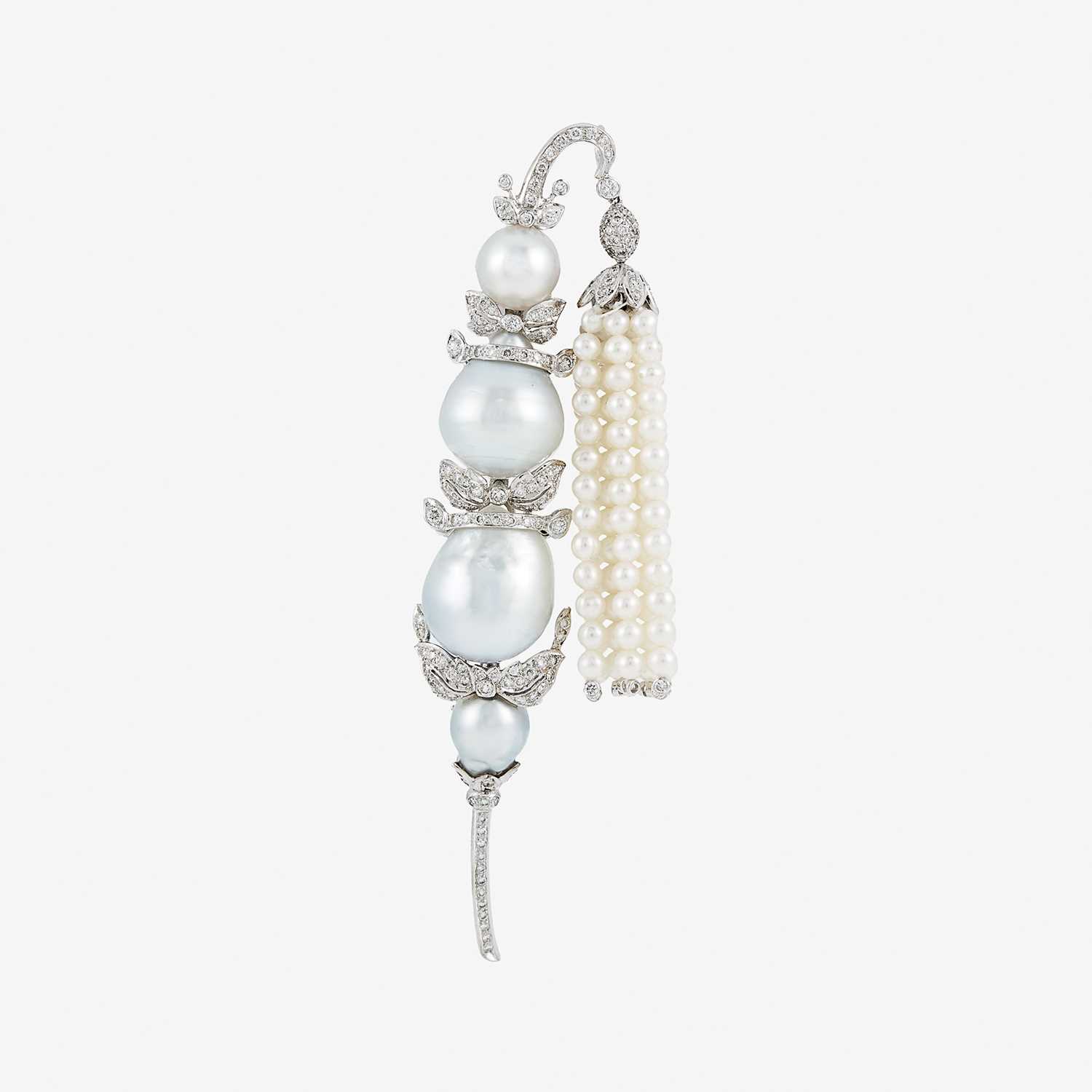Lot 1055 - White Gold, Baroque and Cultured Pearl and Diamond Fringe Sarpech Clip-Brooch