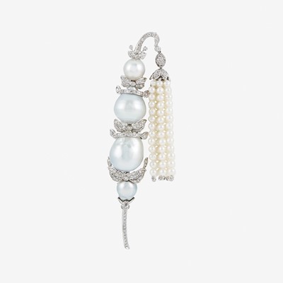 Lot 1055 - White Gold, Baroque and Cultured Pearl and Diamond Fringe Sarpech Clip-Brooch