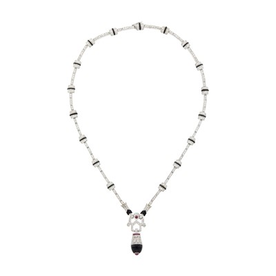 Lot 54 - White Gold, Diamond, Ruby and Black Onyx Pendant-Necklace