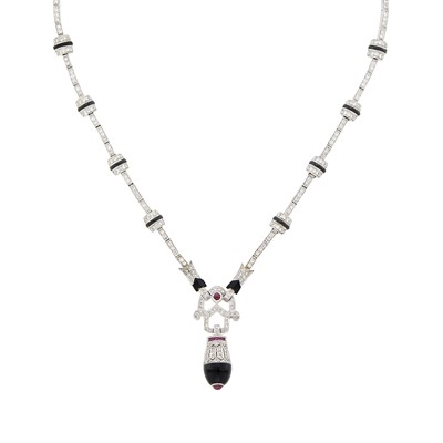 Lot 54 - White Gold, Diamond, Ruby and Black Onyx Pendant-Necklace