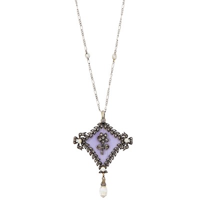 Lot 138 - Belle Époque Silver, Gold, Pearl, Diamond Briolette and Purple Guilloché Enamel Pendant with Platinum and Diamond Chain Necklace