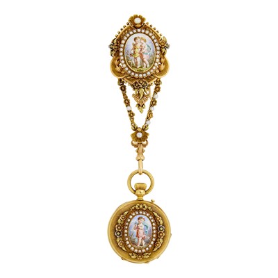 Lot 54 - Antique Variegated Gold, Portrait Miniature and Split Pearl Pendant-Watch Lapel Clip-Brooch, France
