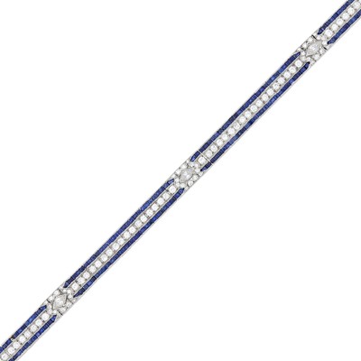 Lot 1048 - Platinum, Diamond and Sapphire Straightline Bracelet