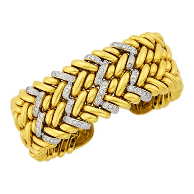 Lot 1173 - Two-Color Gold and Diamond Cuff Bracelet