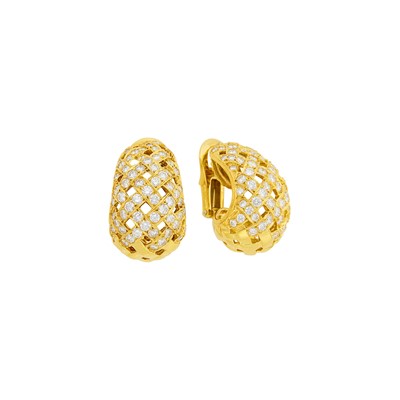 Lot 152 - Tiffany & Co. Pair of Gold and Diamond 'Vannerie' Hoop Earclips