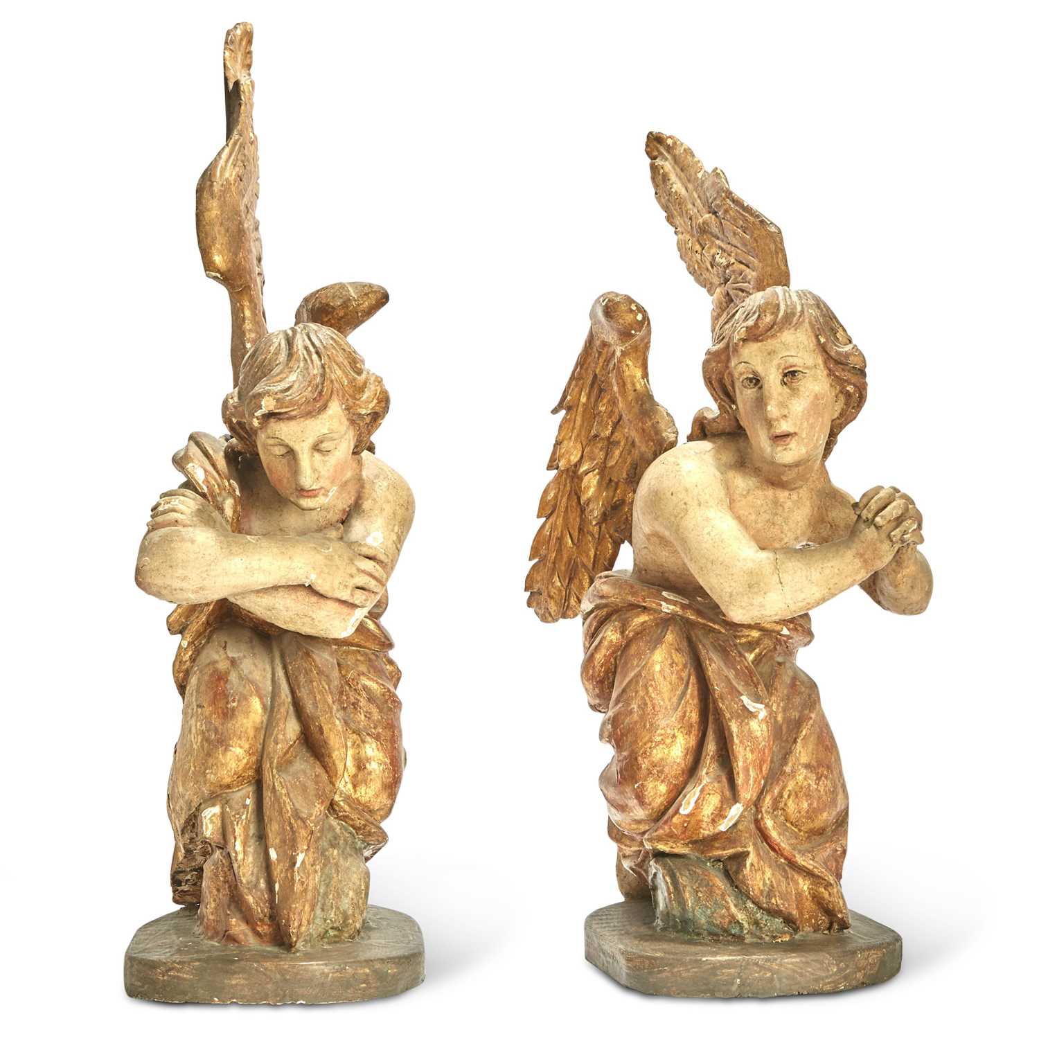 Lot 416 - Pair of Italian Polychromed and Parcel-Gilt Carved Wood  Figures of Angels