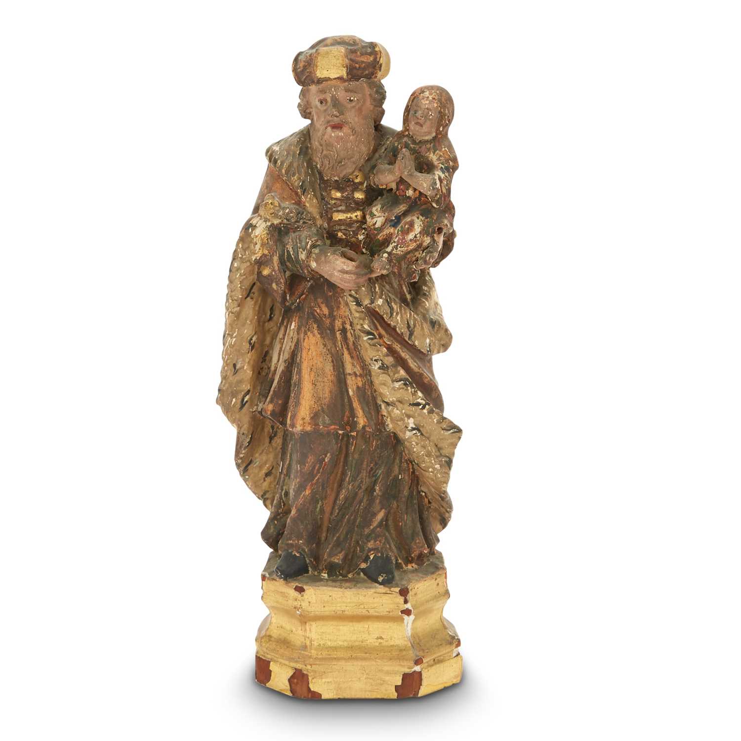 Lot 642 - Continental Polychromed and Parcel-Gilt of a Male Saint Holding a Young Girl