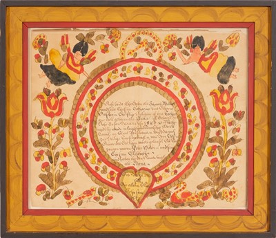 Lot 1051 - Blousy Angel Artist Watercolor, Pen, and Ink Fraktur Birth Certificate