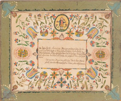 Lot 1054 - Watercolor, Pen and Ink Fraktur Birth Certificate for Dillin Konig