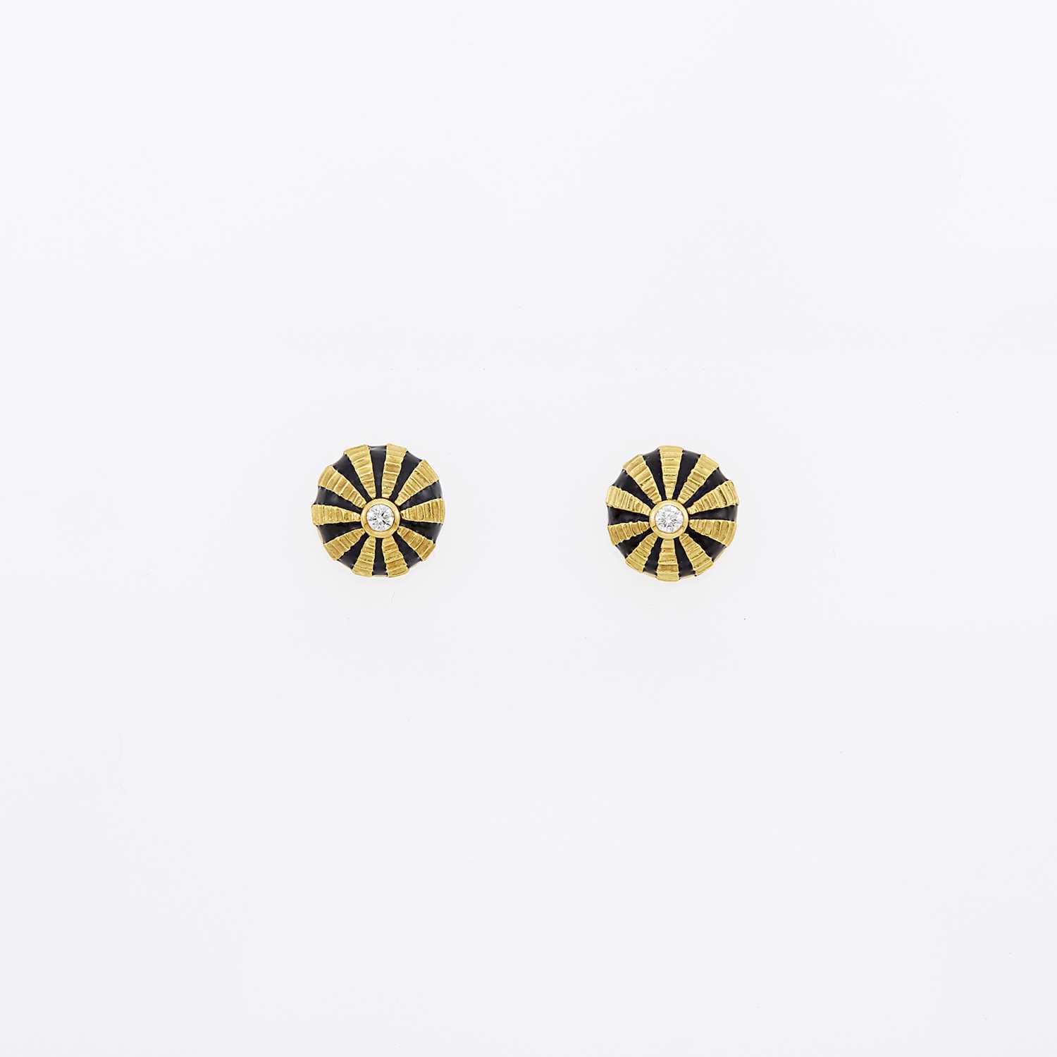 Lot 1007 - Tiffany & Co., Schlumberger Pair of Gold, Black Enamel and Diamond 'Taj Mahal' Stud Earrings