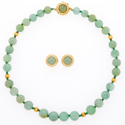 Lot 2254 - Gold and Jade Bead Necklace and Pair of Earrings