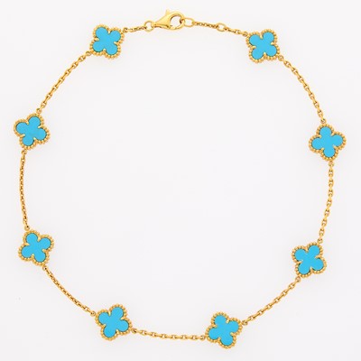 Lot 2064 - Gold and Reconstituted Turquoise Clover Link Chain Necklace