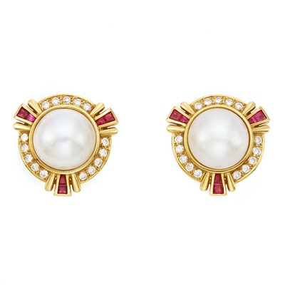 Lot 2017 - Pair of Gold, Mabé Pearl, Ruby and Diamond Earclips