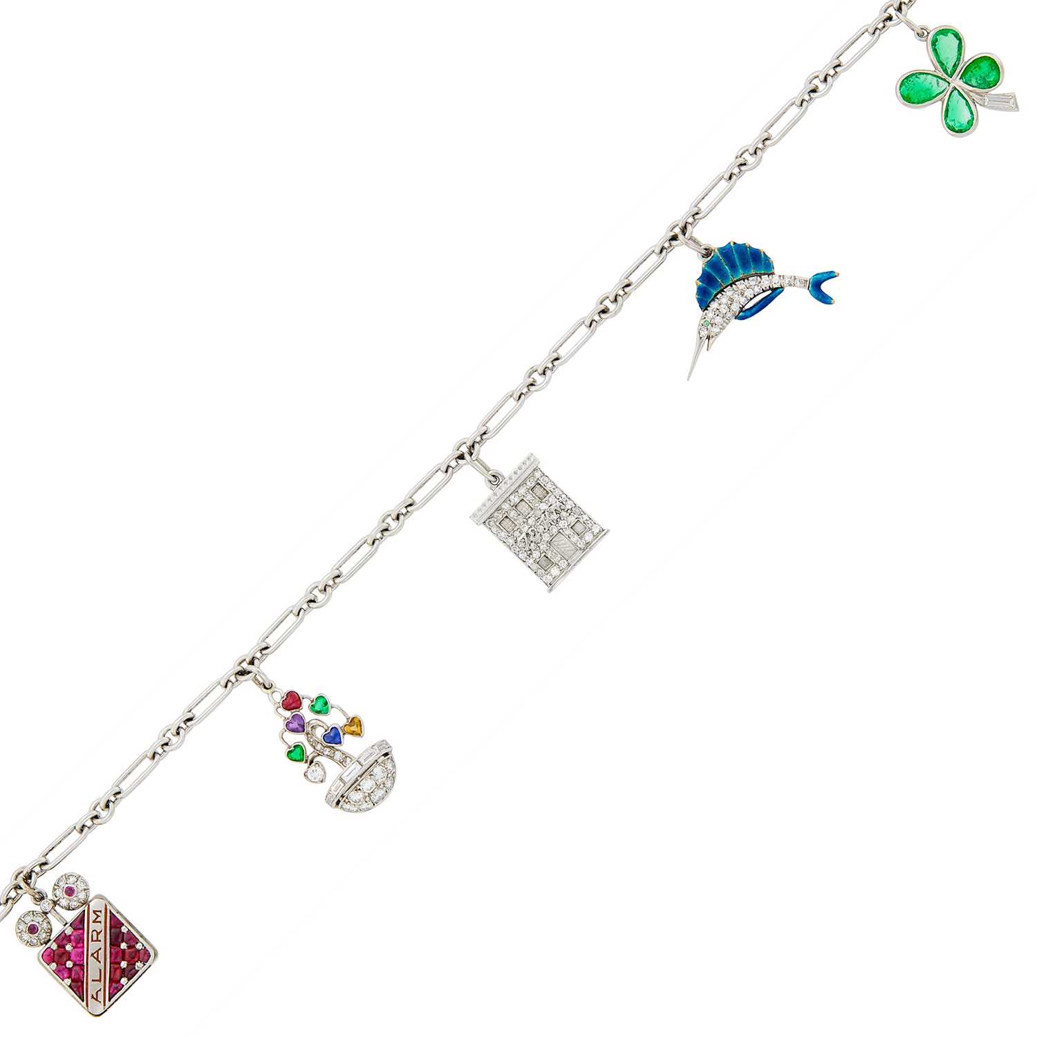 Lot 69 - Platinum, Diamond, Colored Stone and Enamel Charm Bracelet