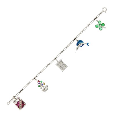 Lot 69 - Platinum, Diamond, Colored Stone and Enamel Charm Bracelet