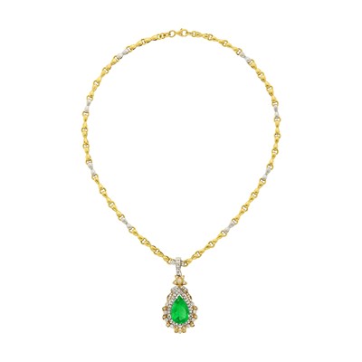 Lot 118 - Two-Color Gold, Emerald and Diamond Pendant with Two-Color Gold Chain Necklace