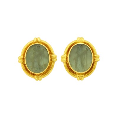 Lot 9 - Elizabeth Locke Pair of Hammered Gold and Venetian Green Glass Intaglio Earclips