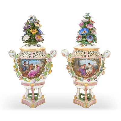 Lot 263 - Pair of Continental Porcelain Potpurri Covered Urns with Flower Finials