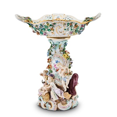 Lot 324 - Meissen Porcelain Flower-Encrusted Figural Centerpiece Basket & Stand