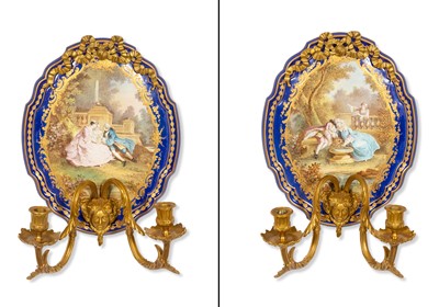 Lot 381 - Pair of Sèvres Style Gilt-Metal Mounted Gilt and Polychrome Decorated Porcelain Two-Light Sconces