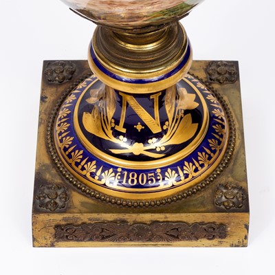 Lot 256 - Pair of Oversize Sèvres Style Napoleonic-Themed Gilt-Metal Mounted Porcelain Urns and Covers