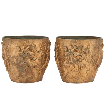 Lot 335 - Pair of Gilt-Metal Planters with Baccahanalian Scenes