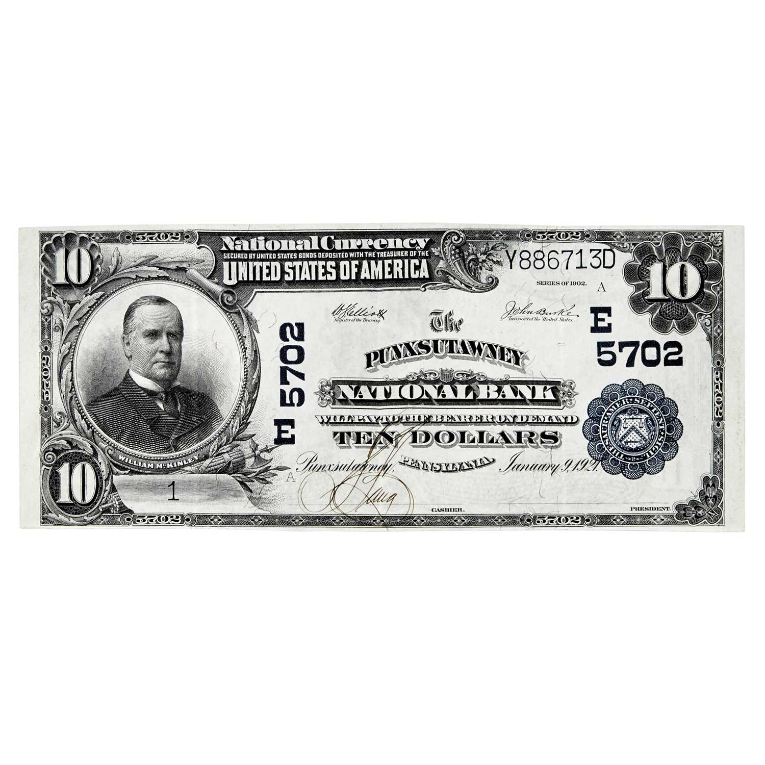 Lot 1149 - United States 1902 Third Issue $10 Punxsutawney Pa Number One Note S-1503