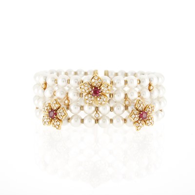 Lot 2016 - Four Row Gold, Cultured Pearl and Ruby Bangle Bracelet