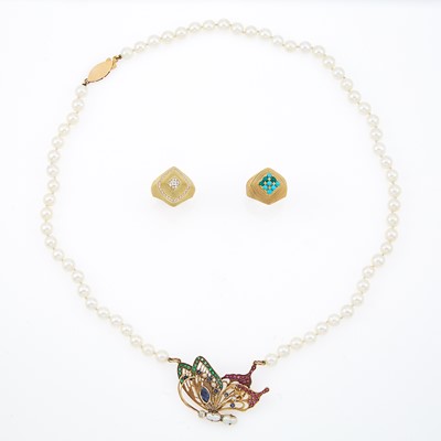 Lot 2243 - Gold, Cultured and Freshwater Pearl, Gem-Set and Diamond Necklace and Pair of Rings