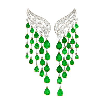 Lot 1134 - Pair of White Gold, Emerald and Diamond Fringe Earrings
