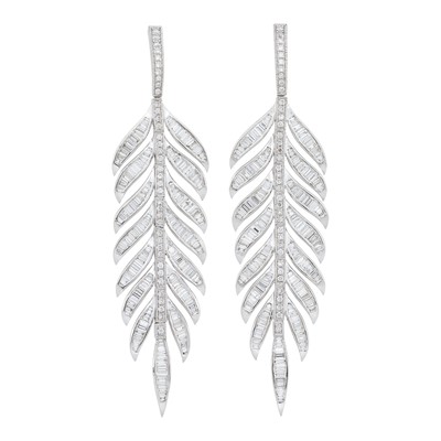 Lot 1129 - Pair of White Gold and Diamond Feather Pendant-Earrings