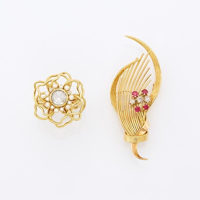 Lot 1121 - Gold, Ruby and Diamond Brooch and Gold, Diamond and Cultured Pearl Flower Ring