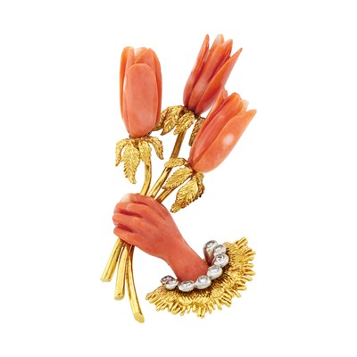 Lot 1190 - Wander Gold, Platinum, Carved Coral and Diamond Brooch, France