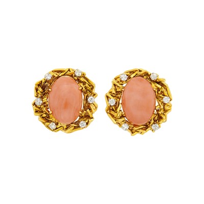 Lot 1021 - Pair of Gold, Coral and Diamond Earclips
