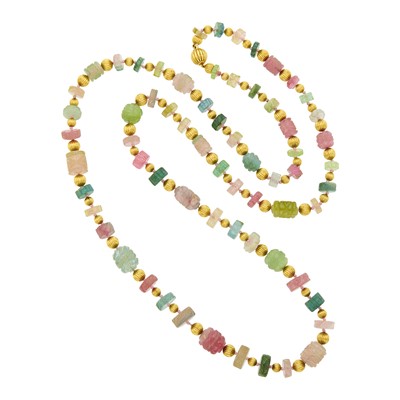 Lot 1170 - Long Gold and Carved Pink and Green Tourmaline Bead Chain Necklace