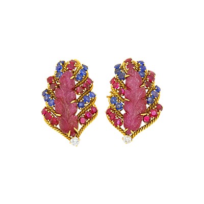 Lot 199 - David Webb Pair of Gold, Carved Ruby, Gem-Set and Diamond Earclips