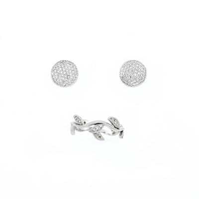 Lot 2257 - Platinum and Diamond Leaf Band Ring and Pair of White Gold and Diamond Button Earrings