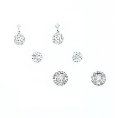 Lot 2195 - Three Pairs of White Gold and Diamond Earrings