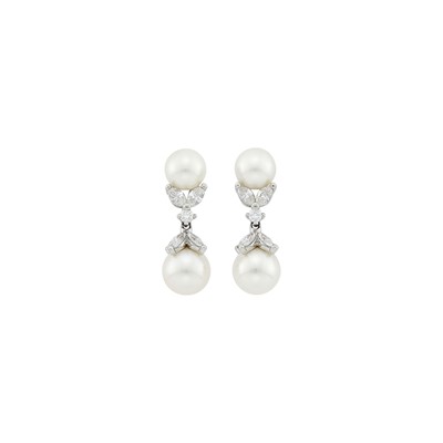 Lot 49 - Tiffany & Co. Pair of Platinum, Cultured Pearl and Diamond 'Victoria' Pendant-Earrings