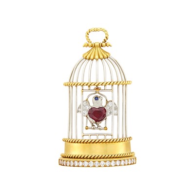 Lot 149 - M. J. Miller & Co. Gold, Platinum, Ruby and Diamond 'I Know Why the Caged Bird Sings' Pendant Clip-Brooch