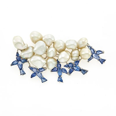 Lot 1159 - White Gold, Baroque Cultured Pearl and Sapphire Bird and Cloud Brooch