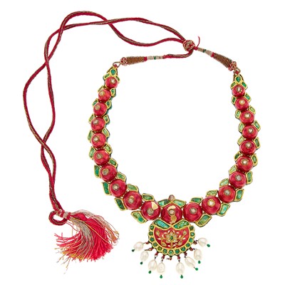 Lot 1124 - Indian Gold, Foil-Backed Diamond and Emerald, Jaipur Enamel and Freshwater Pearl Necklace with Cord